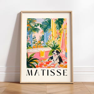 Border Collie en impression d'art de salle de bain, art mural Matisse, décoration de dopamine rose, décoration de salle de bain tropicale, affiche maximaliste
