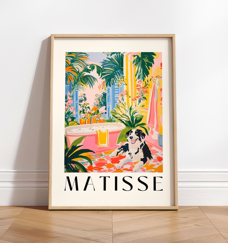 Border Collie in bathroom art print, Matisse wall art, Pink dopamine decor, Tropical bathroom decor, Maximalist poster