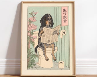 Bluetick Coonhound on Toilet Print: Vintage Japanese Dog Art, Quirky Bathroom Decor
