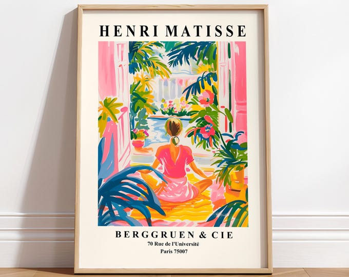 Woman doing yoga poster, Meditation wall art, Matisse print, Pink spiritual decor