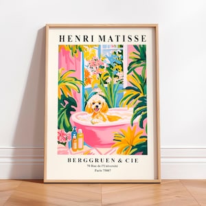 Caniche toy en la bañera, Arte estético de pared para baño rosa, Lámina artística de Henri Matisse, Regalo para amantes de los perros, Decoración de dopamina, Póster divertido de perro