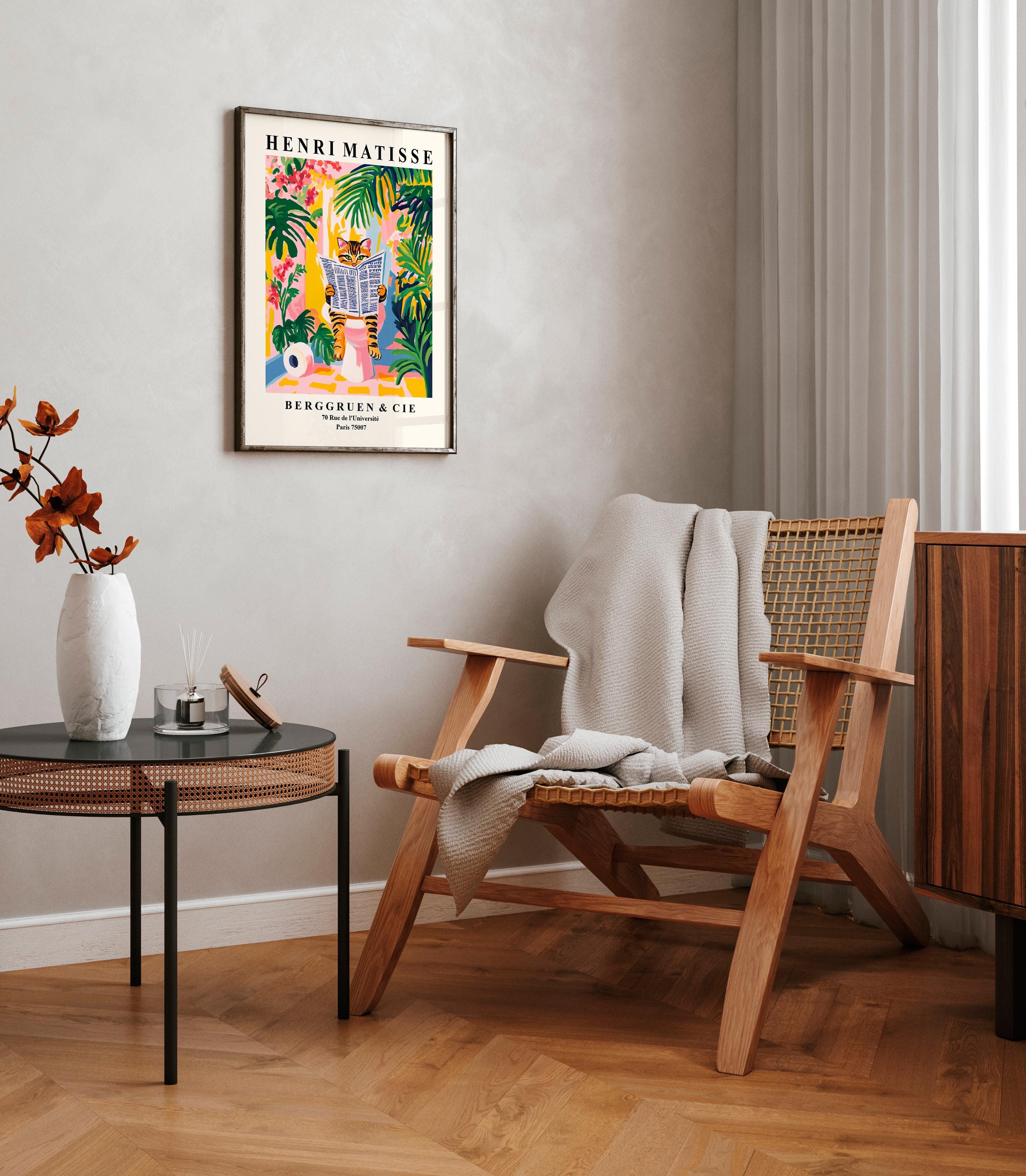 Tabby cat on a toilet, Funny bathroom wall art, Matisse print, Pink dopamine decor, Mid century modern art
