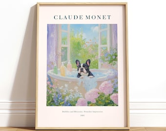 Französische Bulldogge Wandkunst: Monet Stil Blumen Badezimmer Druck