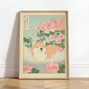 Lámina artística de Shiba Inu, perro japonés en la bañera, lámina de baño Japandi, decoración estética relajante