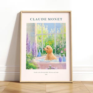 Decorazione di un cottage francese, arte di un barboncino nella vasca da bagno, decorazione di un bagno francese, stampa di Monet, dipinto di lillà con estetica floreale, arte murale impressionista