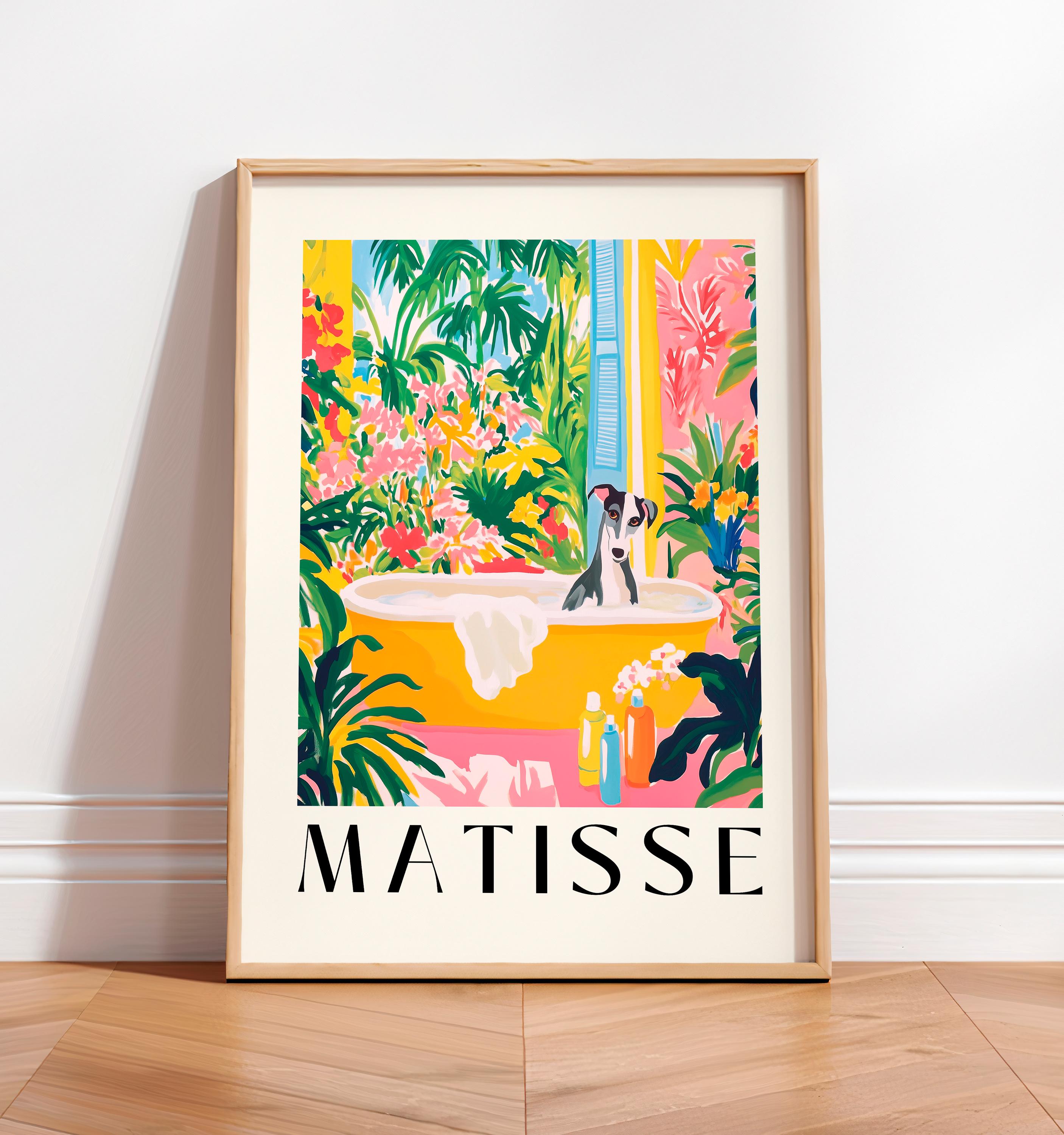 Borzoi in Bathtub Art Print: Matisse Style Dog, Funny Bathroom Decor