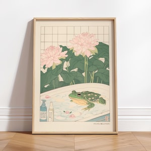 Stampa di rana giapponese, stampa artistica da parete per bagno Japandi, stampa artistica giapponese, stampa artistica da parete minimalista neutra