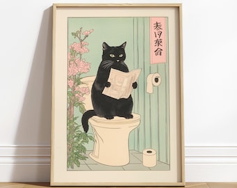 Japanese Black Cat on a toilet, Funny bathroom print, Toilet poster, Japan cat wall art, Aesthetic minimalism, Neutral Japandi print