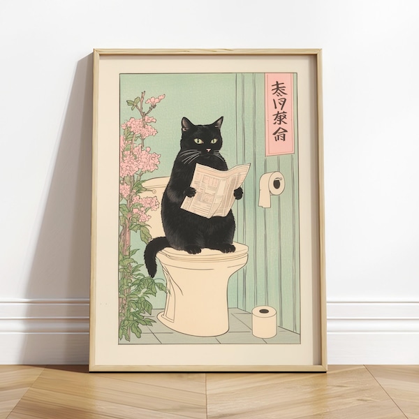 Japanese Black Cat on Toilet Print: Funny Bathroom Wall Art
