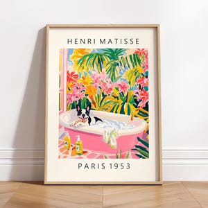 Póster de bulldog francés, arte divertido para la pared del baño, lámina de perro, lámina de Matisse, decoración de dopamina, decoración tropical, póster maximalista