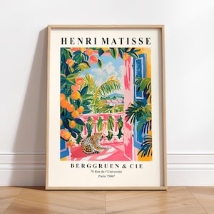 Léopard sur un balcon, imprimé Matisse, décoration de plage, art de la dopamine rose, affiche moderne du milieu du siècle, affiche maximaliste