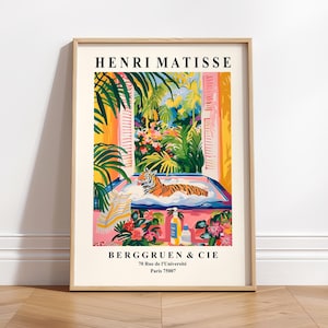 Póster divertido de tigre en la bañera, decoración de dopamina, impresión de Matisse, arte mural de baño tropical, impresión artística de playa rosa