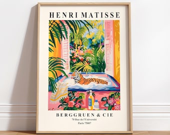 Tiger in bathtub funny poster, Dopamine decor, Matisse print, Tropical bathroom wall art, Pink beachy art print
