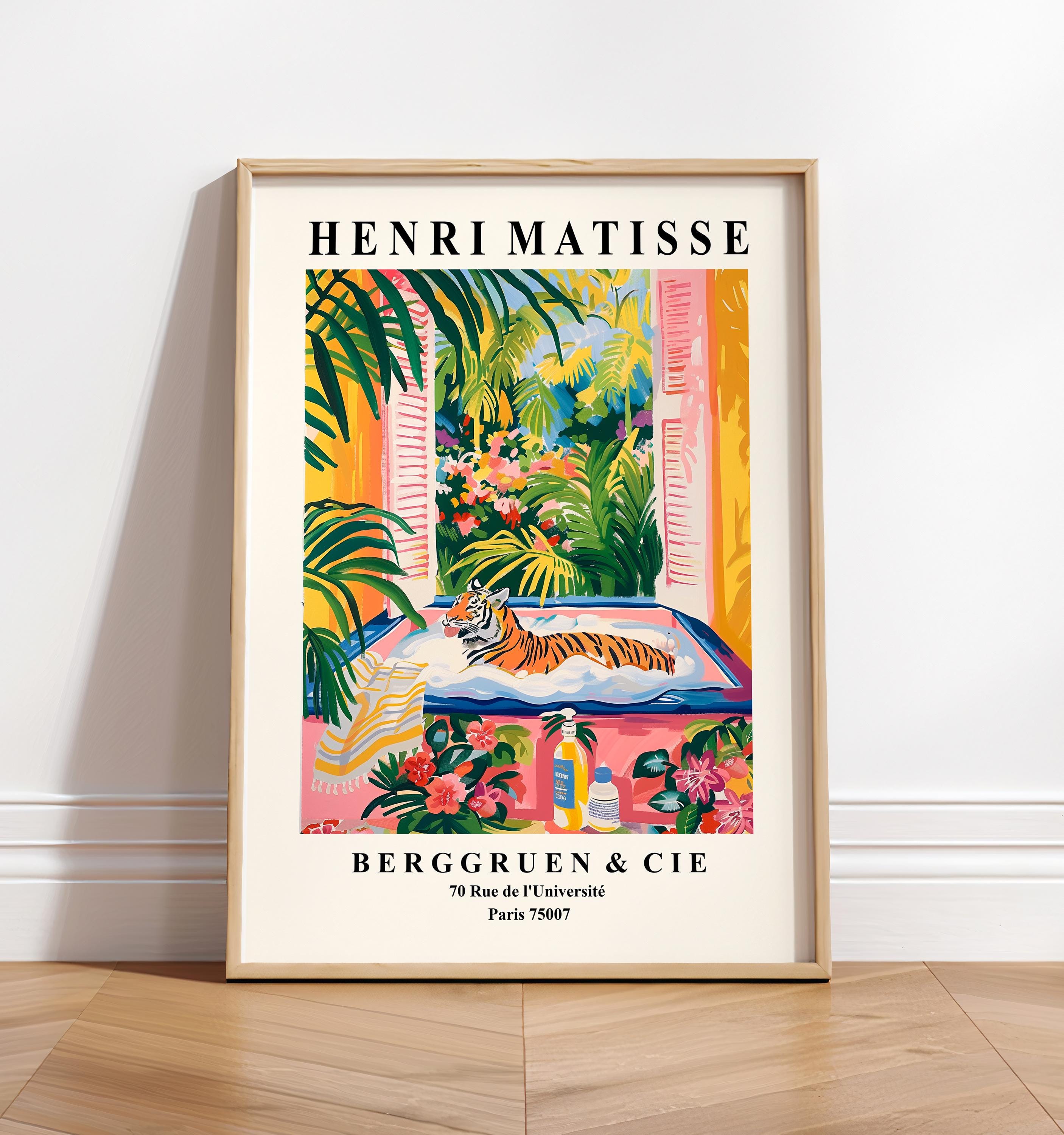 Affiche drôle de tigre dans la baignoire, décor de dopamine, impression de Matisse, art mural tropical de salle de bains, impression d'art rose de plage
