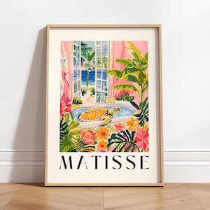 Rosa Strand Dekor, Meeresschildkröte in der Badewanne lustiges Plakat, Dopamin Dekor, Strandhaus Dekor, Matisse Kunstdruck, Tropisches Badezimmer Wandkunst
