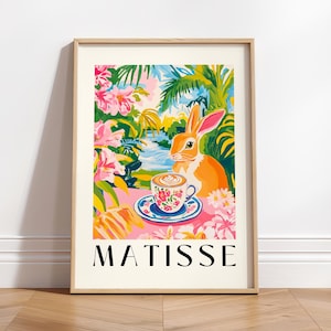 Coniglio che beve caffè, Divertente decorazione murale da cucina, Arte dell'espresso, Stampa di animali, Stampa di Henri Matisse, Decorazione estetica per la sala da pranzo