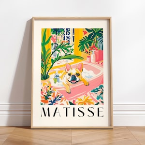 Bulldog francés en la bañera, Arte divertido para la pared del baño, Decoración de dopamina, Póster de perro, Arte de Henri Matisse, Decoración tropical, Póster maximalista