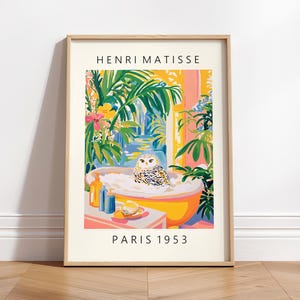 Póster de búho nival en la bañera, arte divertido para la pared del baño, impresión artística de aves, impresión de Henri Matisse, arte mural maximalista, decoración de dopamina