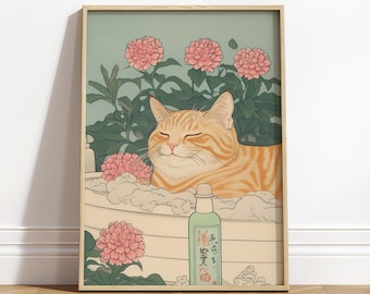 Estampado de gato japonés: atigrado pelirrojo en el baño