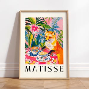 Zorro tomando café, estampado animal del bosque de Henri Matisse, decoración estética de cocina, decoración de pared maximalista
