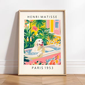 Grandi Pirenei nella vasca da bagno, arte murale di Matisse, poster divertente per il bagno per gli amanti dei cani, decorazione rosa dopamina, stampa artistica di cani