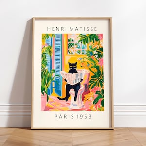 Gato negro en el inodoro, Arte mural para baño, Póster de Matisse, Decoración divertida para el baño, Decoración tropical rosa