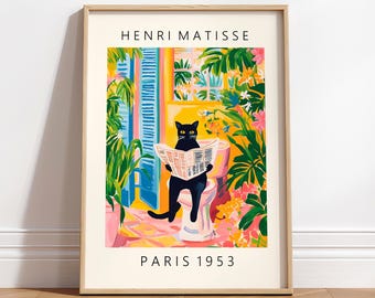 Black cat on toilet, Bathroom wall art, Matisse poster, Funny bathroom decor, Pink tropical decor