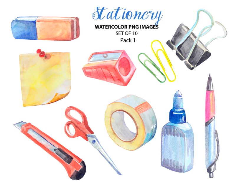 Office supplies illustrations Stationery clip art Watercolor office clipart