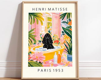 Funny Black English Cocker Spaniel Bathroom Poster: Mid-Century Dog Wall Art