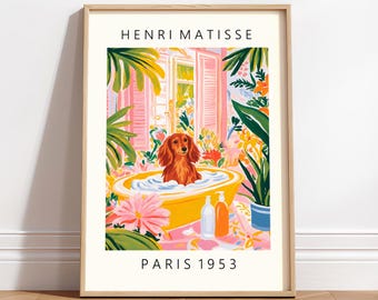 Matisse Inspired Red Long-Haired Dachshund Washroom Art: Funny Dog Print