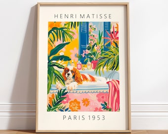 May include: A colorful poster featuring a dog in a bathtub surrounded by tropical plants. The poster is titled "Henri Matisse" and "Paris 1953".