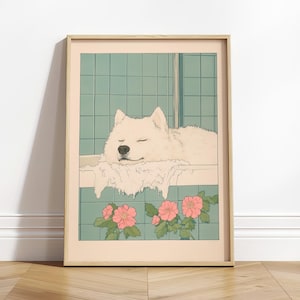 Samoiedo in un bagno, stampa artistica Ukiyo-e, stampa da bagno kawaii, stampa di un cane carino, poster estetico, stampa artistica minimalista di un animale