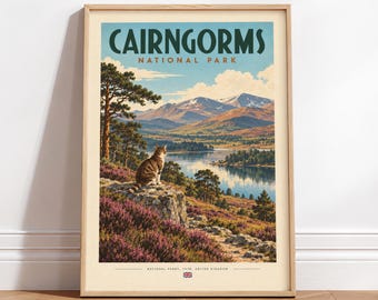 Cairngorms National Park Vintage Travel Poster – Retro rocky landscape, Cat Wall Art