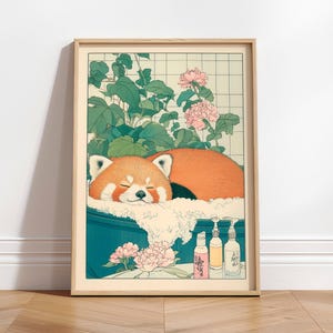 Red panda in bathtub, Japanese bathroom print, Japan art print, Neutral soft Japandi decor, Minimalist aesthetic wall art