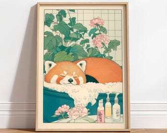 Red Panda Bathroom Print: Japanese Ukiyo-e Art