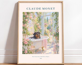 Rottweiler Wall Art, Monet Style Dog Poster, Floral Bathroom Print, Bathtub Decor