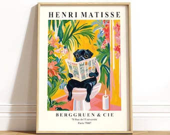 Funny Black Pug Bathroom Print: Matisse Style Mid-Century Modern Art