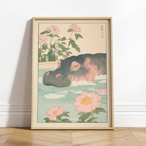Simpatico ippopotamo nella vasca da bagno, arte murale giapponese per il bagno, rilassante opera d'arte Ukiyo-e, illustrazione giapponese, stampa artistica di animali africani, poster estetico