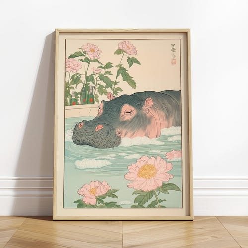 Impression hippopotame dans une baignoire ukiyo-e : art japonais de la salle de bain