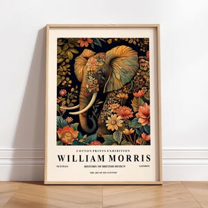 Elefant Wandkunst, William Morris Druck, dunkles botanisches Dekor, Blumenplakat, Vintage Wohndekor