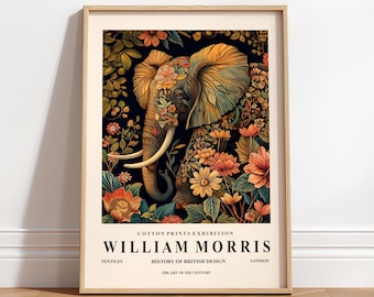 Elephant wall art, William Morris print, Dark botanical decor, Floral poster, Vintage home decor