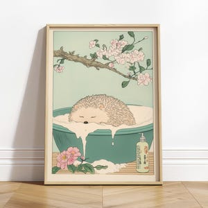 Erizo en la bañera, impresión estética japonesa, arte de pared para baño Japandi, póster de animales lindos