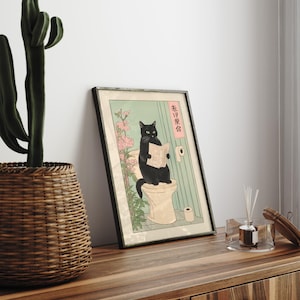 Japanese Black Cat on Toilet Print: Funny Bathroom Wall Art - Etsy