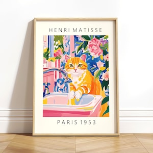Chat orange lavant les pattes, art mural drôle de salle de bain, art mural Henri Matisse, art moderne du milieu du siècle, affiche esthétique rose, décor dopamine