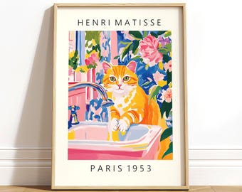 Orange Tabby Cat Art Print: Matisse Style Bathroom Decor