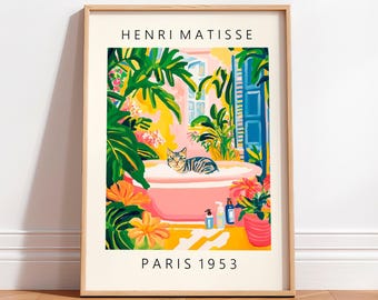 Lámina artística de baño de gato atigrado gris: decoración de baño estilo Matisse