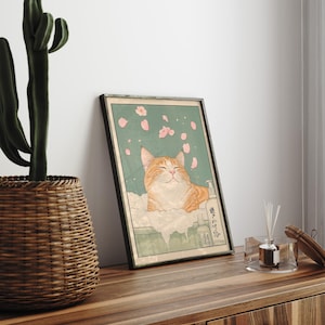 Japanese Ginger Tabby Cat Bath Print: Ukiyo-e Style Wall Art image 4