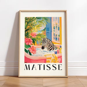 Affiche drôle de zèbre dans la baignoire, art mural de salle de bain, décor de dopamine rose, impression Matisse, impression d'art plage tropicale