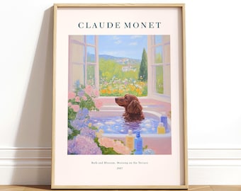 Cocker Spaniel in Bathtub Art Print: Monet Style Cottagecore Decor