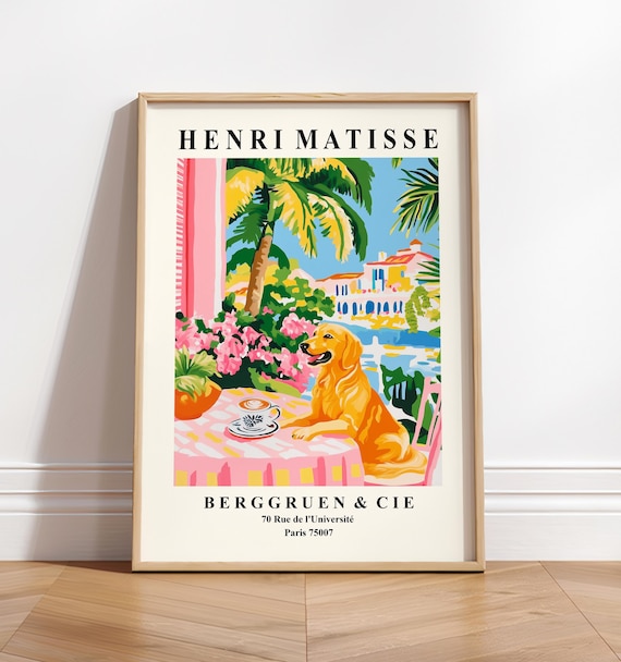Golden Retriever Matisse Print: Pink Kitchen Wall Art, Coffee